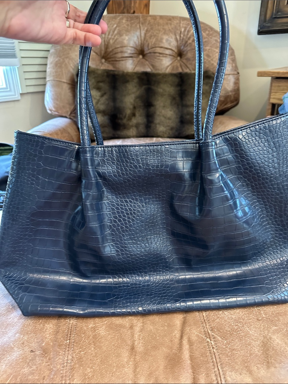 Croc-Textured Navy Tote Bag with Double Handles